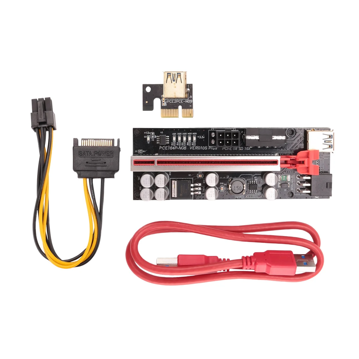 6PCS VER009 Plus SATA Card Adapter with LED Light 8 Solid Capacitors PCIE 1X to 16X PCIE Riser Card USB 3.0