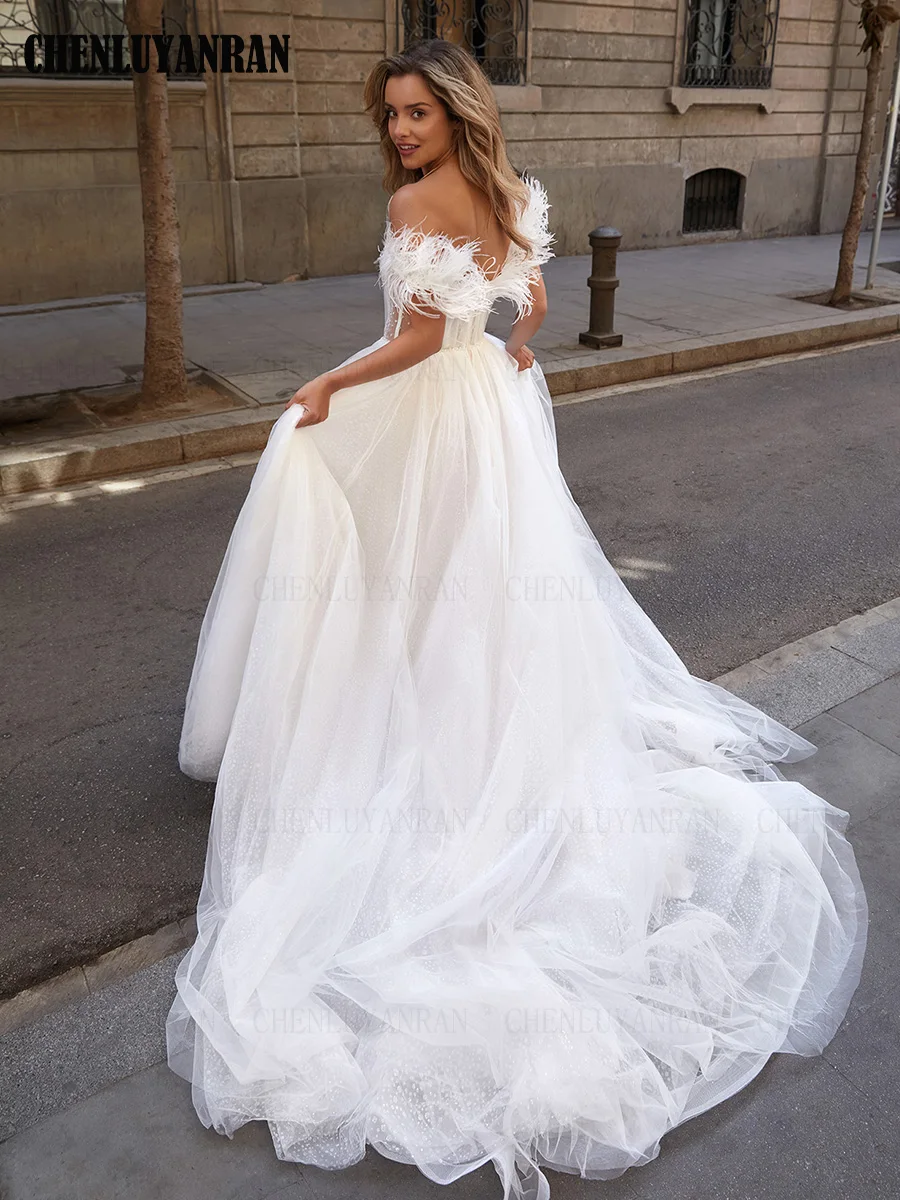 Chic Fashion Wedding Dresses Feather Long Luxury Wedding Bride Dress Beading Tulle Long Dresses For Wome 2024 Vestidos De Novia