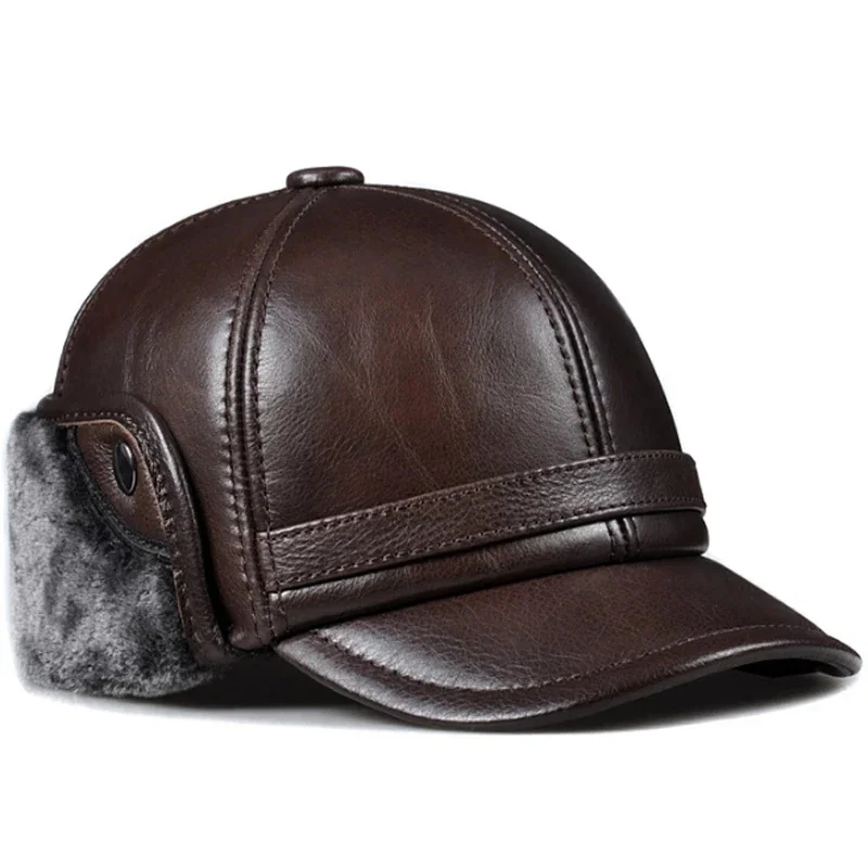 Winter Men's Hat Thicken Leather Cowhide Baseball Caps With Ears Warm Snapback Dad's Hats Sombrero De Cuero Del Hombre