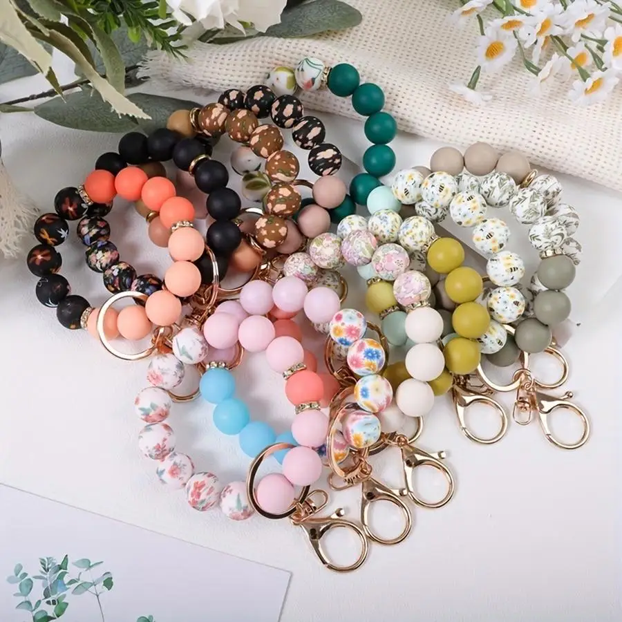 1/5/10/20/50/100pcs An Elegant Floral Print Beaded Keychain with Honeybee Charms, a Backpack Accessory, a Car Key Fob, and a Gif