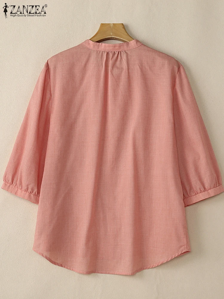 ZANZEA-Chemise Vintage Décontractée pour Femme, Chemisier Monochrome à Manches 3/4, lèvent vers le Bas, Tunique de Vacances, Été 2025