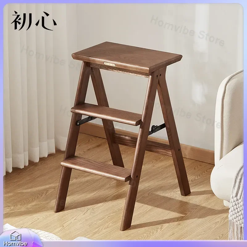 3 Step Folding Ladder Stool Solid Wood Thickened Shoe Bench Dual Purpose Climbing Steps Household Furniture Space Saving
