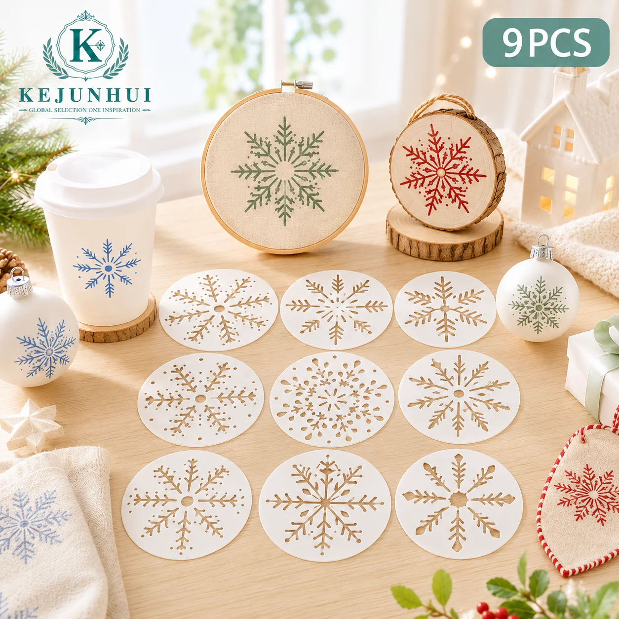 9Pcs Round Snowflake Stencils Reusable PET Christmas Painting Templates DIY Window Mug Ornament Wood Fabric Card Gift Tag Decor