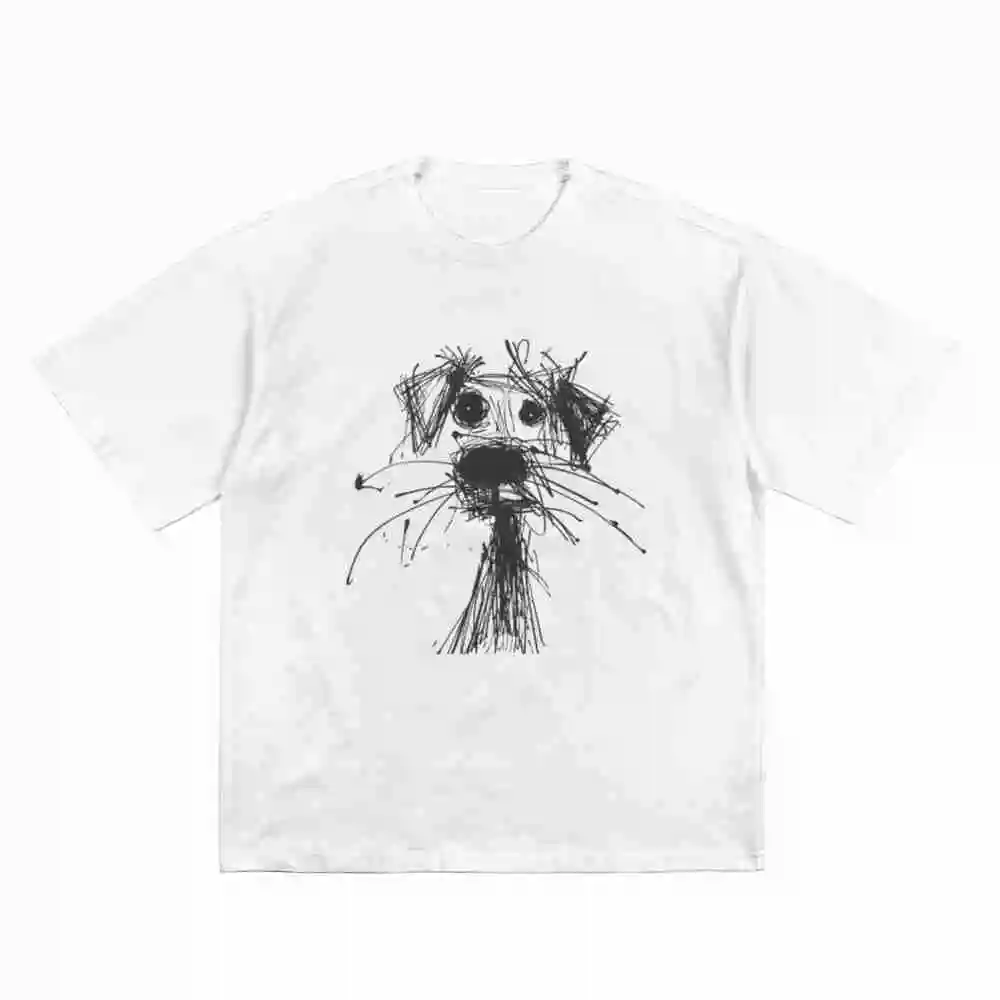 Dog Sketch Hand Drawn Doodle Face Short Sleeve Tee 100% Cotton T-Shirt