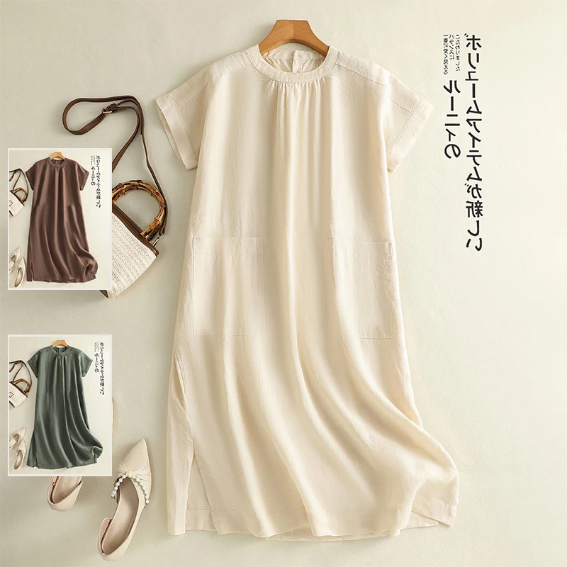 

Retro Artistic Color Cotton Linen ort Sve Dr Large Size Women's Ba Button Slit round Ne Mid-Length Skirt