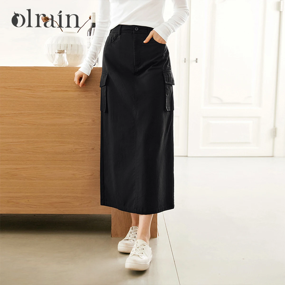 OLrain Women 2026 New Solid Black High Waist Cargo Midi Skirt Straight Pencil Side Flap Pocket Casual Commute Skirt M56QB90169