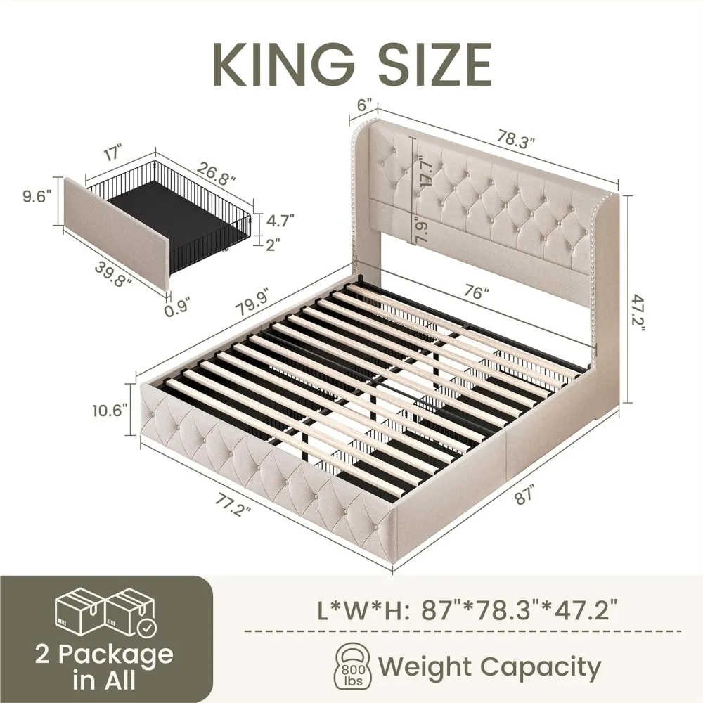 4 Storage Drawers and Tufted Headboard Linen Upholstered Platform Bed Frame Wingback Beds with Wooden Slats Support