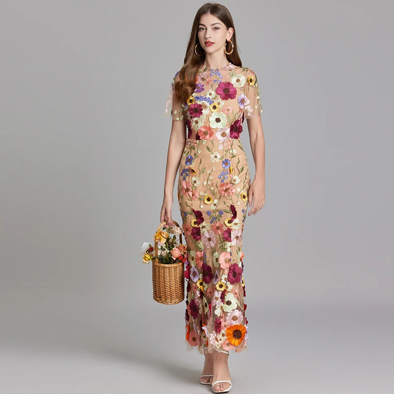 

Colorful 3D Flower Embrodiery Mesh Dress Women's O-Neck Short Sleeve Slim Fit Wrap Hip Long Dress Lace Splicing Prom Party Robe