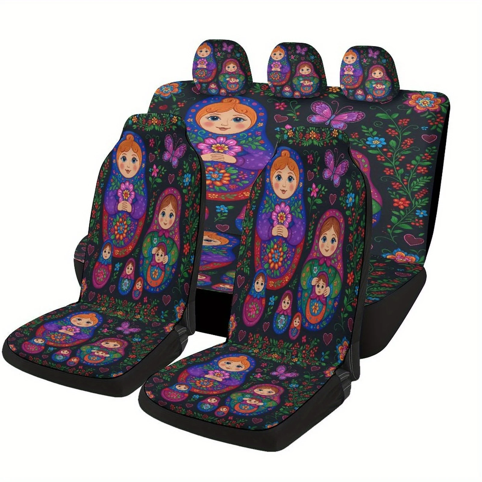 Set Of Car Seat Covers Featuring Matryoshka Nesting Dolls, Stylish And Unique Protector Covers For Most Vehicles, Complete Set F