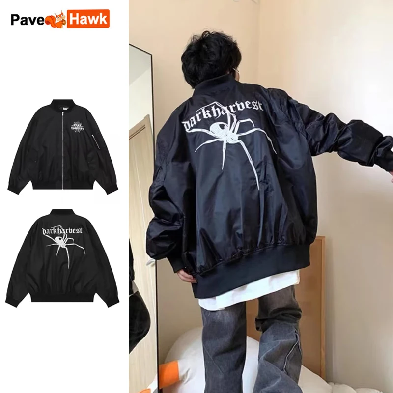 Harajuku Black Jackets Men Women Embroidery Spider Casual Bomber Jacket Couple Vintage Loose Zipper Varsity Coat Spring 2023