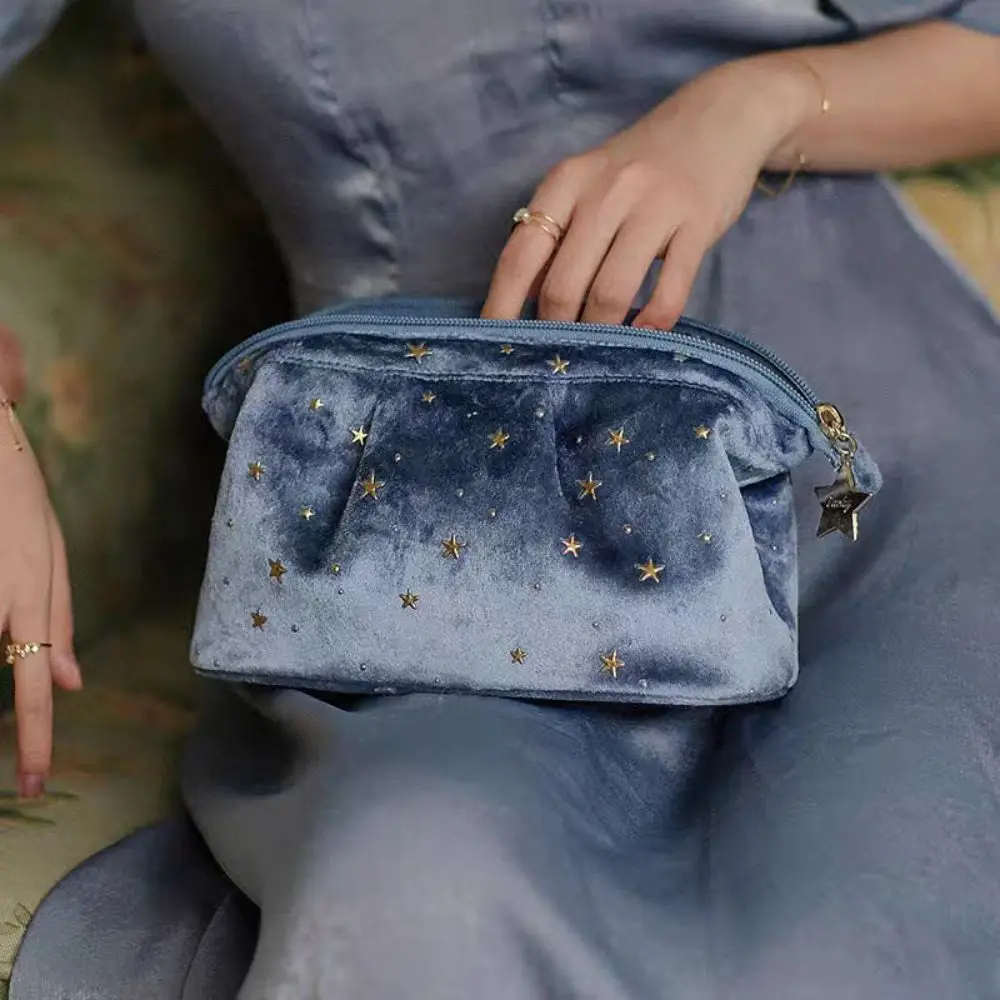 

Bronzing Stars Velvet Cosmetic Bag Wash Pouch Zipper Travel Toiletry Bag Large Capacity Handbag Desktop Storage Bag Wash Face