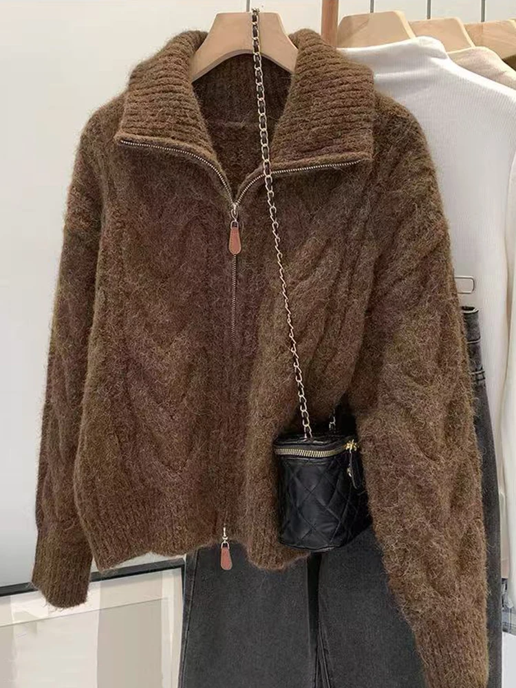 

Зимний толстый вязаный кардиган, женский модный теплый свитер на молнии с лацканами, женский однотонный мягкий укороченный трикотаж с длинными рукавами Mujer
