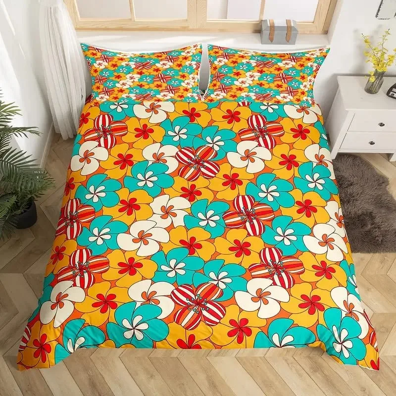 

Retro 70s Hippie Style Duvet Cover Set Queen,Psychedelic Mushroom Bedding Set Rainbow Floral Stars Moon Comforter Cover