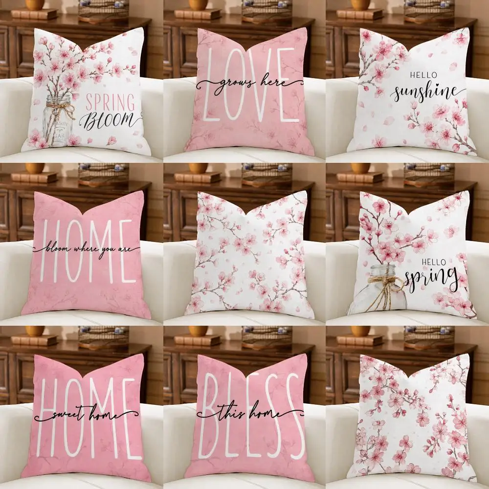 Cherry Blossom Joy Cushion Cover Natural Breathable Durable Linen Printed Decor Pillow Case Sofa Bedroom