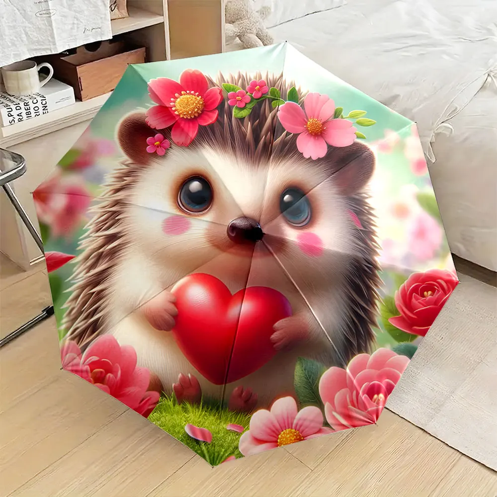 1PC Adorable Hedgehog Umbrella with Heart and Floral Design Print 8 Iron Ribs Folding Umbrella Auto-Open Fashion Sunshade