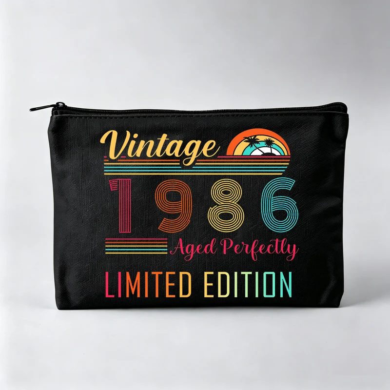 Women's Vintage Typography Print Makeup Bag, Retro Style Cosmetic Pouch for Daily Use