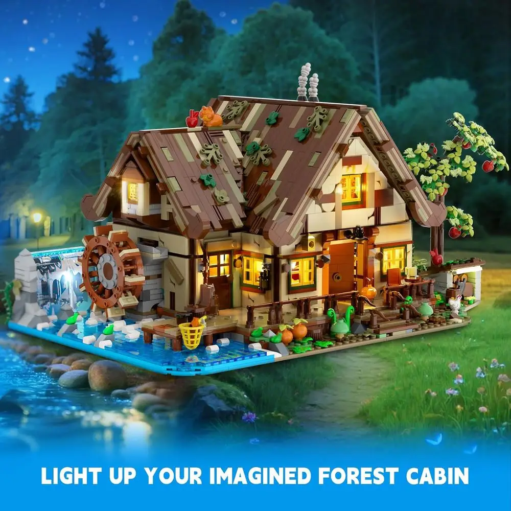 Lighted Treehouse Building Kit with 2570 Pieces, Forest House & Waterwheel, Suitable for Ages 12+