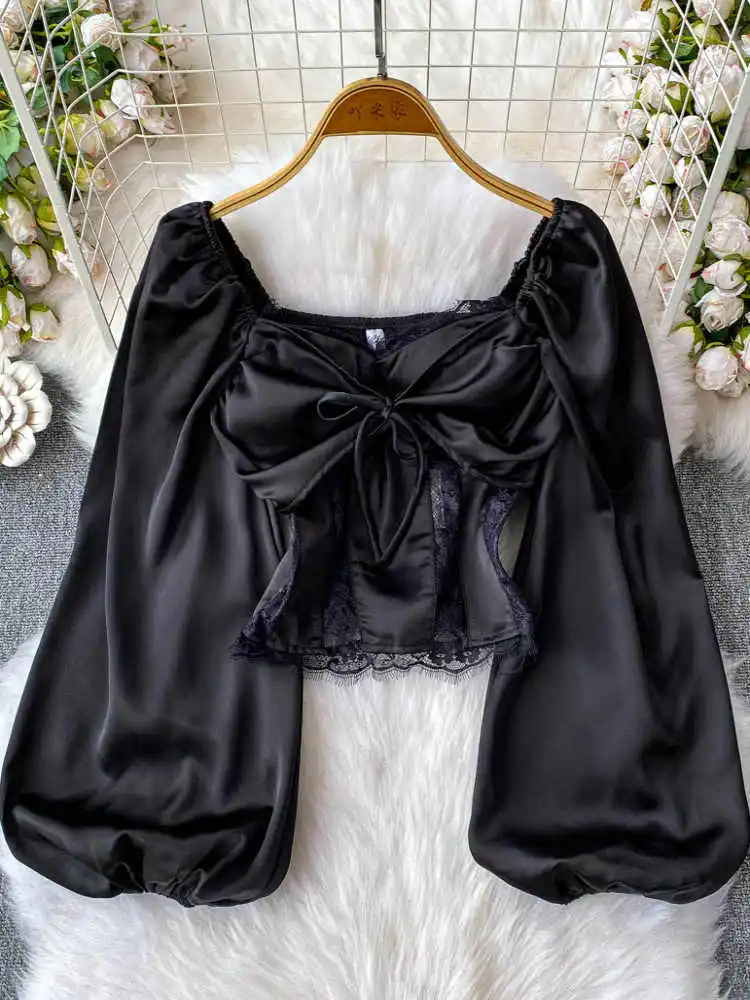 Women's Flower Print Bow Shirts Blouses Y2k 90s Vintage Korean 2000s Square Collar Long Sleeve Cropped Shirt Clothes Summer 2025