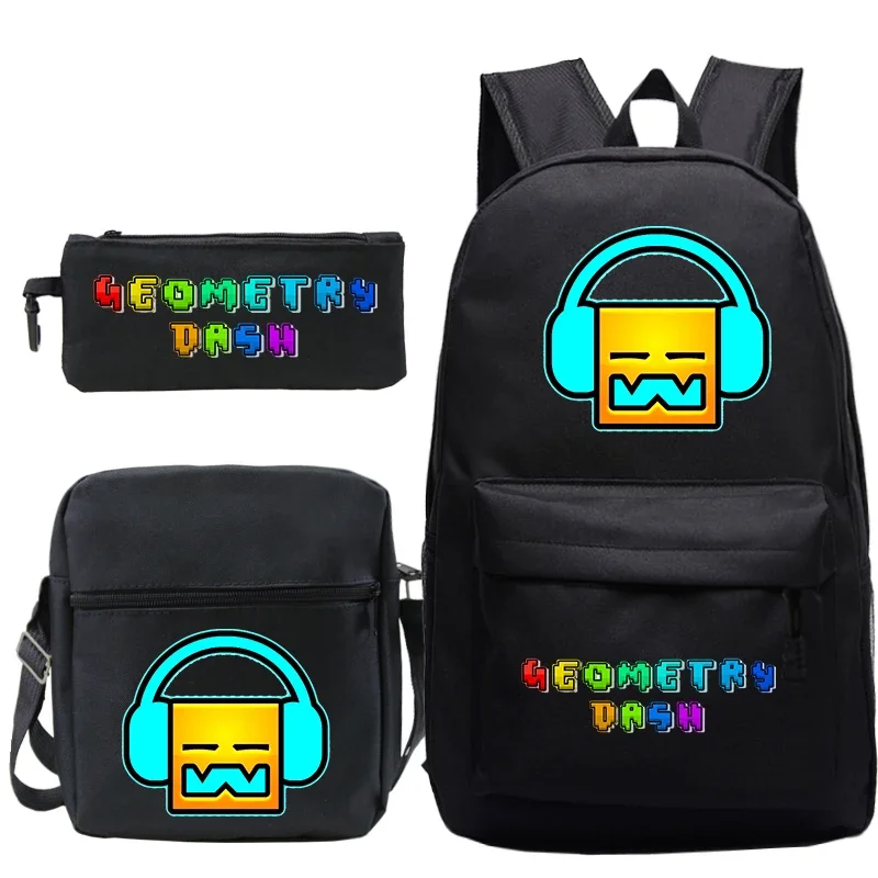 New Kids Geometry Dash Print Backpack Boys 3Pcs/set Anime Bag Bookbag Large Capacity Kids Bags Knapsack Children School Bags