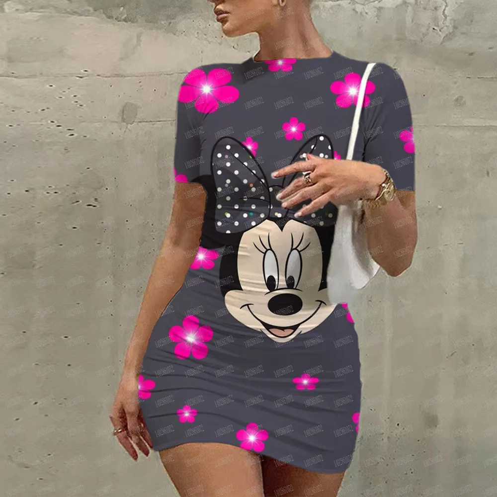 Sexy Summer Dresses Woman 2023 Slim Fit Minnie Mouse Tight Women\'s Summer Dress Cartoon Mickey Fashion Disney Print Casual Top