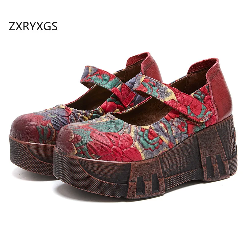 

ZXRYXGS 2026 New Premium Cowhide Printing Flowers Women Fashion High Heels Platform Wedges Increase Shoes Banquet Trendy Shoes
