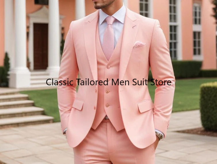 Men's 3 Piece Suit Slim fit One Button Peach Pink 3pc Wedding Groom