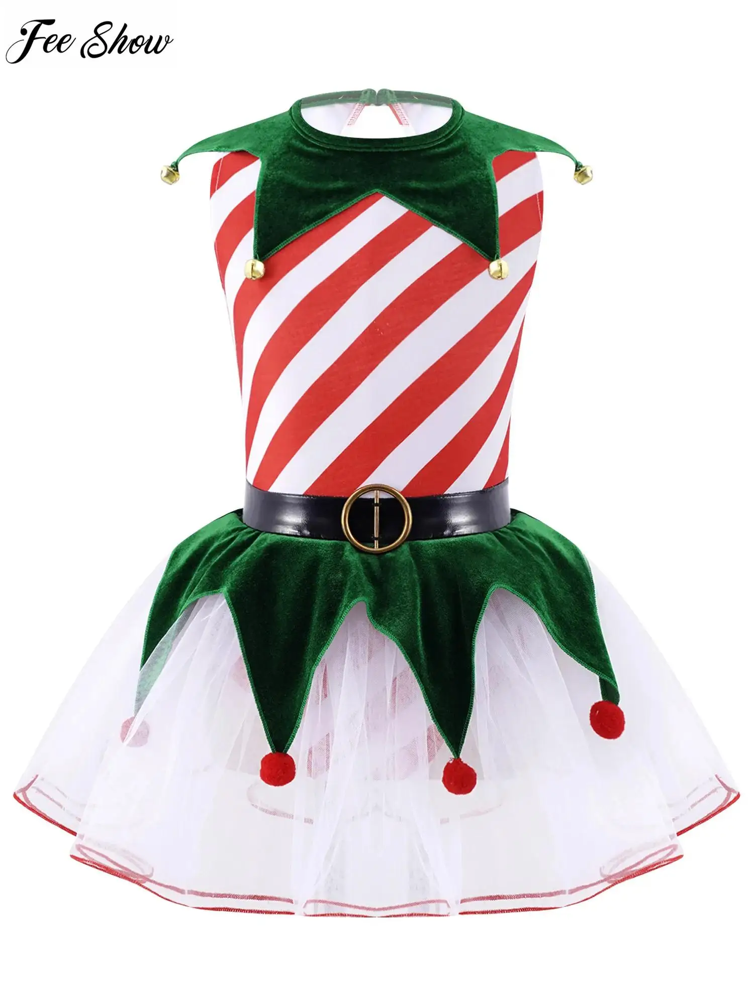 

Kids Girls Christmas Dress Costume Sleeveless Stripes Print Inverted Triangle Tailored Hem with Bells Pom Pom Mesh Tutu Dress