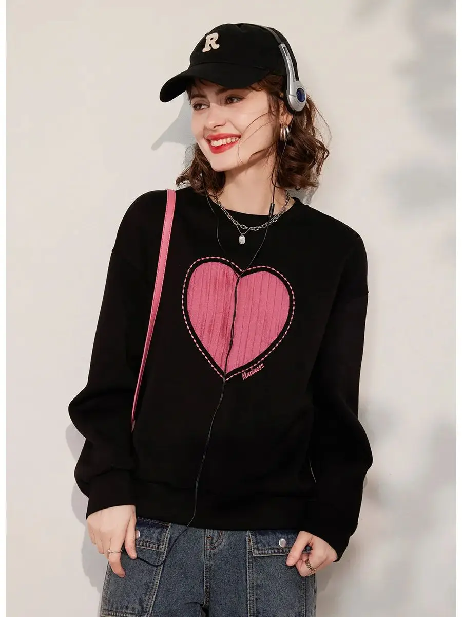 LOUIS YAO Women Sweatshirt Round Neck Long Sleeve 2024 Spring New Drop Shoulder Sleeve Loose Fit Casual Love Shape Pullover Top