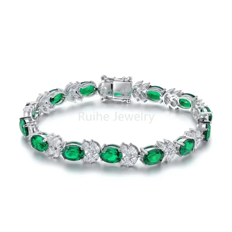 Ruihe New Couple 925 Silver Lab Grown Emerald Sapphire Paraiba Ruby Gems with Simulated Diamond Zirconia Bracelet Women Jewelry