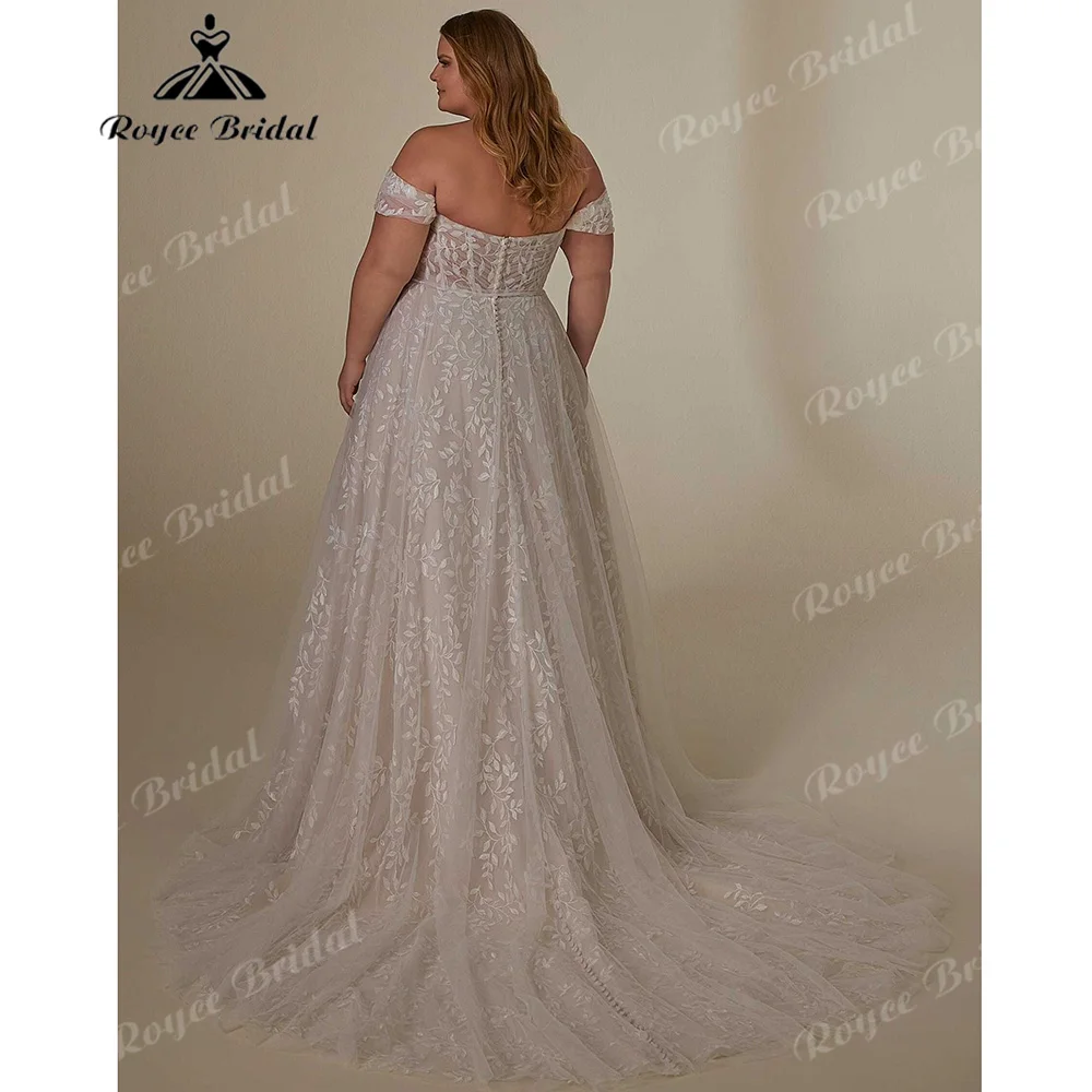 Plus Size Detachable Off Shoulder Wedding Dress All Over Cascading Leaf Hidder Zipper Low Back Tulle A Line Bridal Gown Customiz