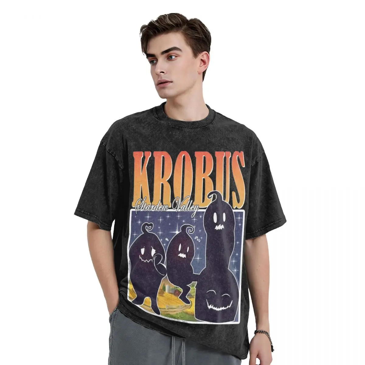 Washed T Shirt Retro Krobus Stardew Valley Hip Hop T-Shirt Harajuku Streetwear 100% Cotton Graphic Tee Shirt for Men Women