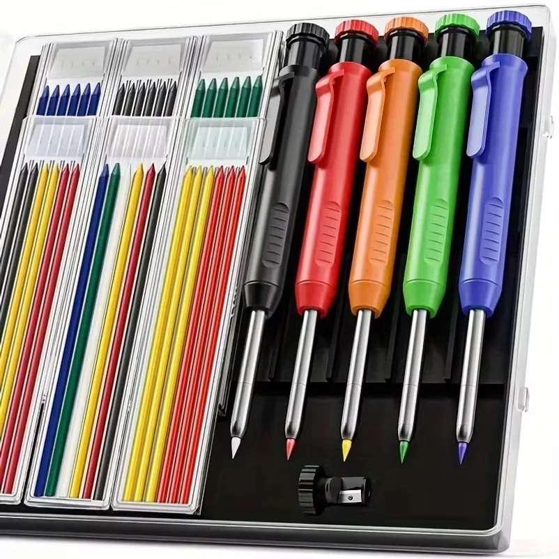 2.8mm Solid Carpenter Pencil Set Mechanical Pencil 3 Colors Refill Cap Carpentry Marking Scriber Construction Woodworking Tools