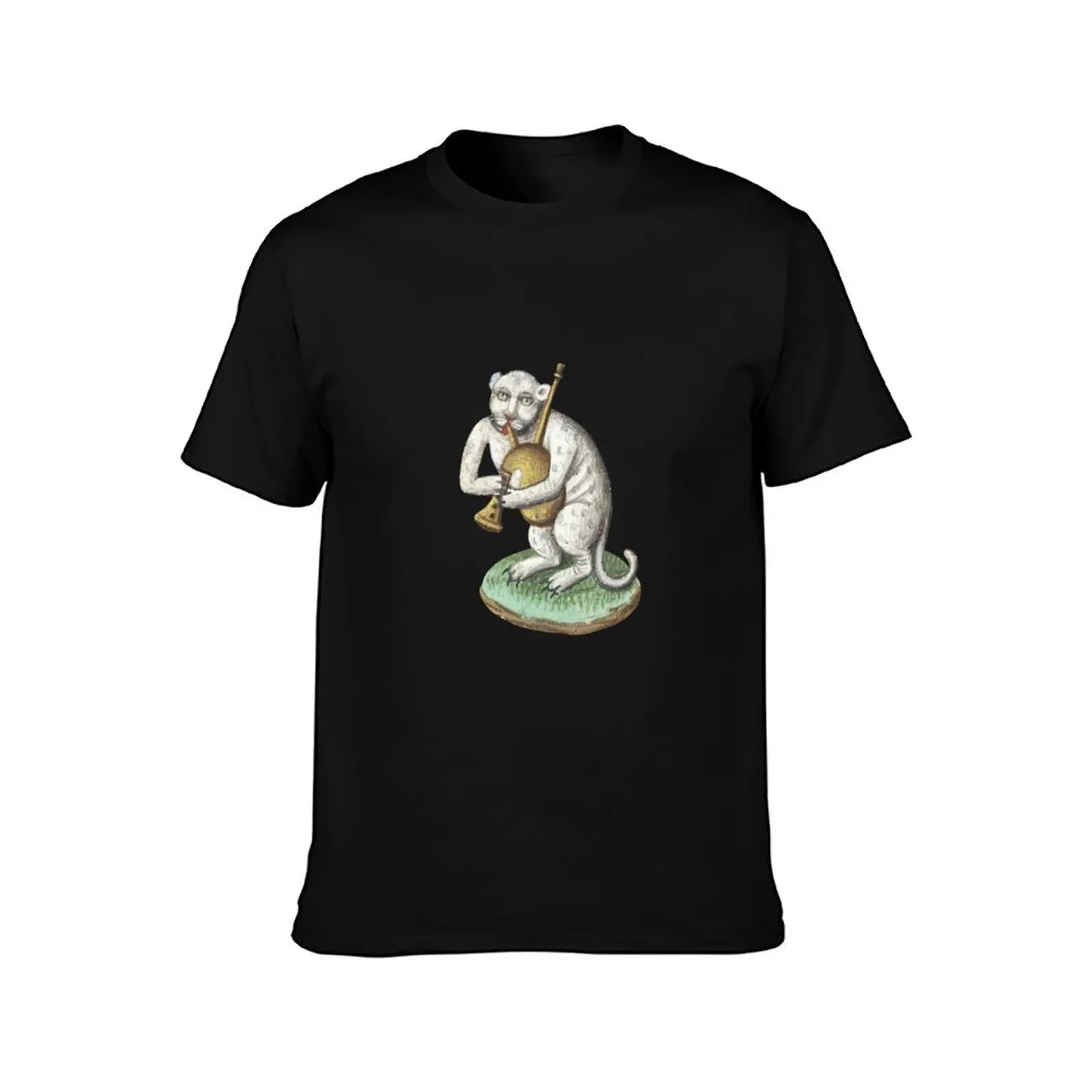 Medieval white cat leopard animal creature Playing Music - Middle Ages Art T-Shirt Work Wear Breathable Tee T-Shirt