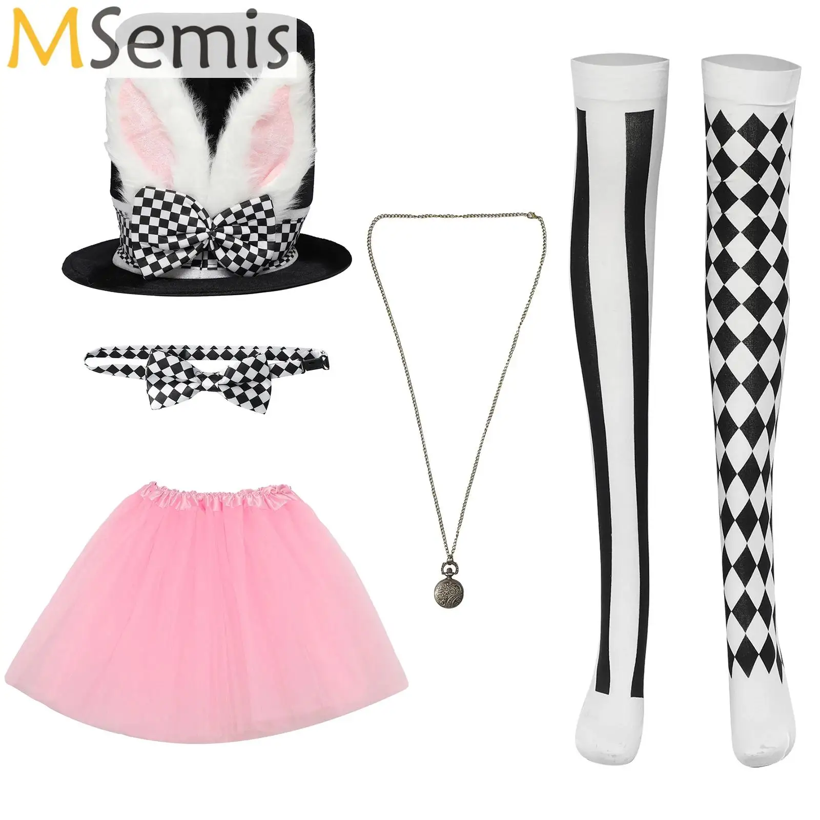 

White Rabbit Easter Accessories Set Bunny Ears Decoration Plush Clock Glasses Gloves Skirt for Easter Halloween Costume Festival