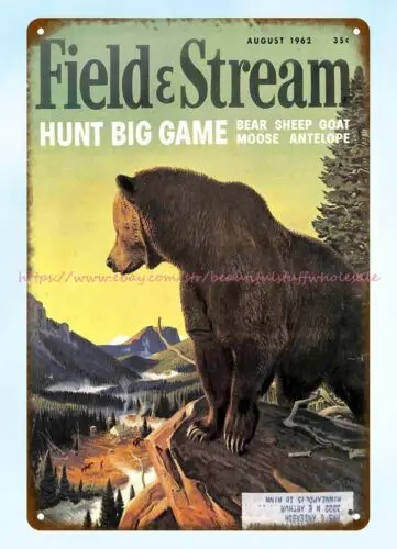 deco bar 1962 Field & Stream big game bear hunting metal tin sign