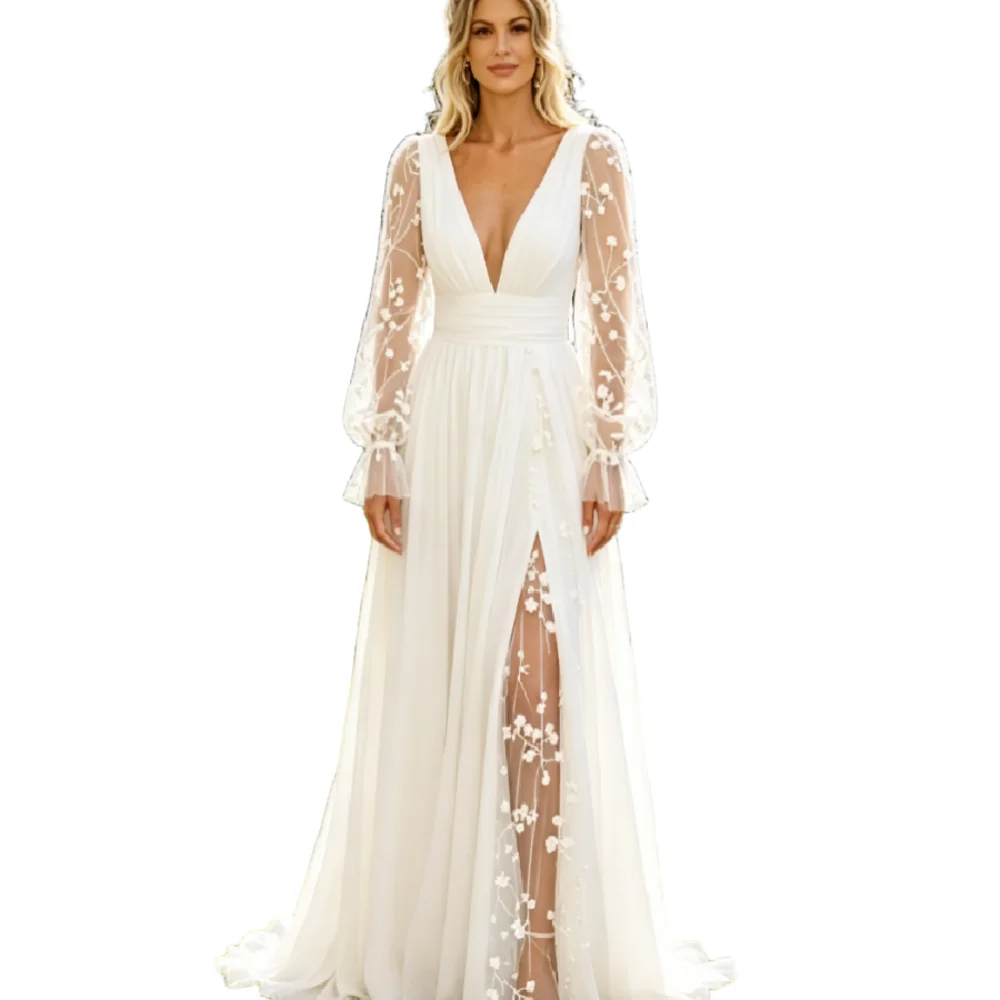 Beach Civil Bohemian Wedding Dress Elopement Sheer Lace Long Sleeve Boho Bridal Gowns 3D Floral Chiffon Beach Country Bodas
