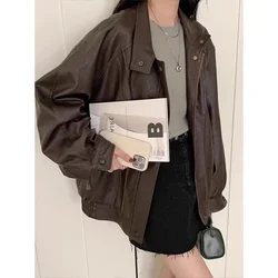 Lautaro Autumn Cool Brown Oversized Leather Jacket Women Drop Shoulder Long Sleeve Zippper High Quality American Retro Clothing