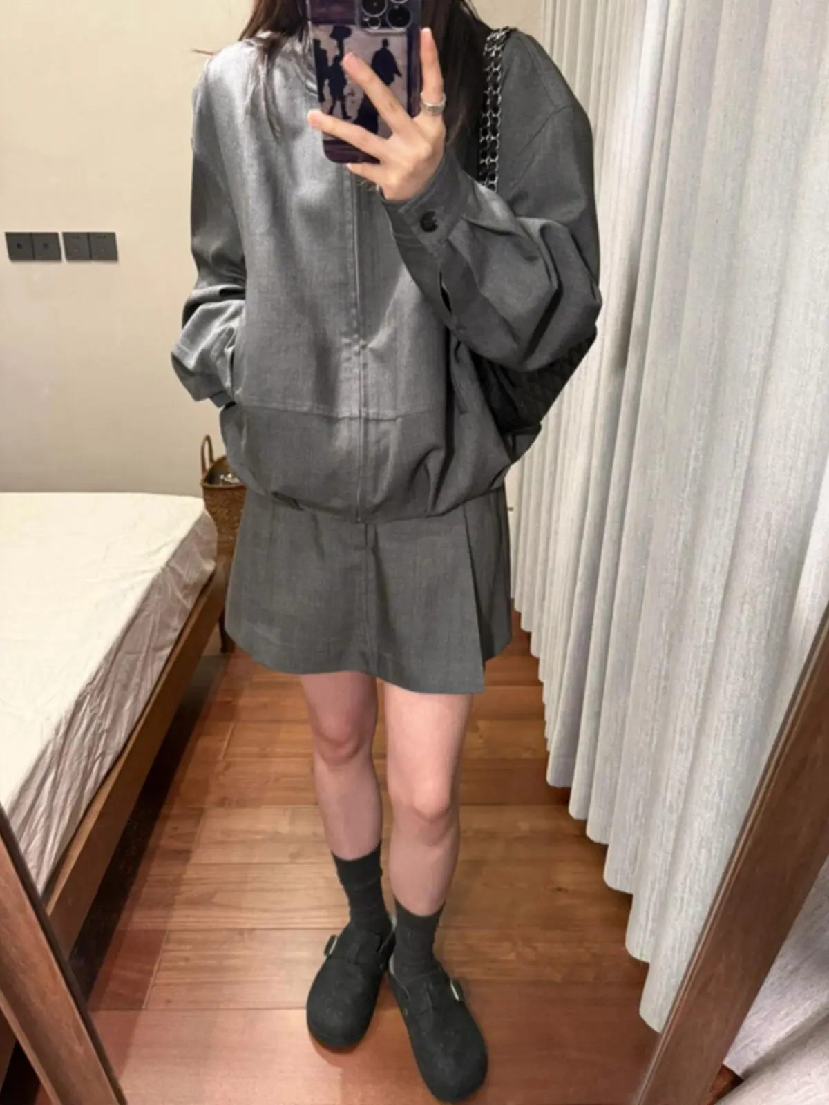 Women 2026 Early Autumn Korean Style Casual Gray College Style Jacket Jacket Short Skirt Two-piece Set