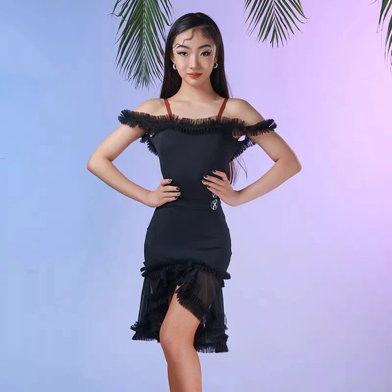 

Новинка 2023 года, детские костюмы для латинских танцев, топ с открытыми плечами, сетчатая юбка с разрезом, детская одежда для танцев румбы, танго, DN22544