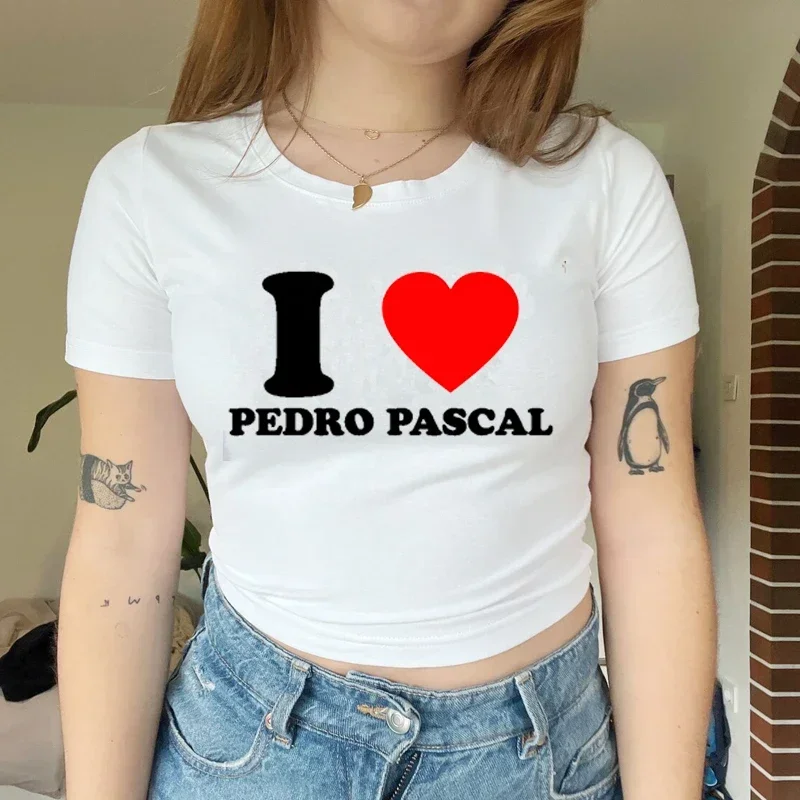 I Love Pedro Pascal Funny Red Love Heart Women Cropped Top 2000s Grunge Baby Tee Causal Baby Tee Harajuku T-shirts Femme