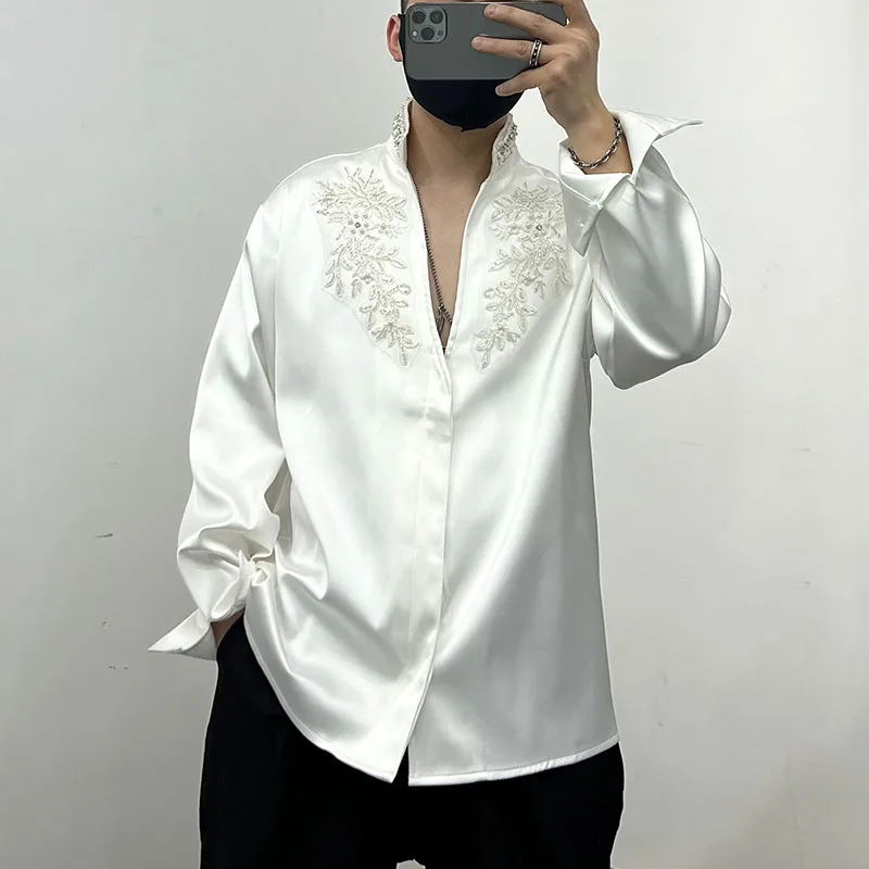 Men's 2025 Spring New Trendy Personality Pearl Rhinestone Stand Collar Top Male Pearl Satin V-neck Shirts Men's Niche Chic Shirt