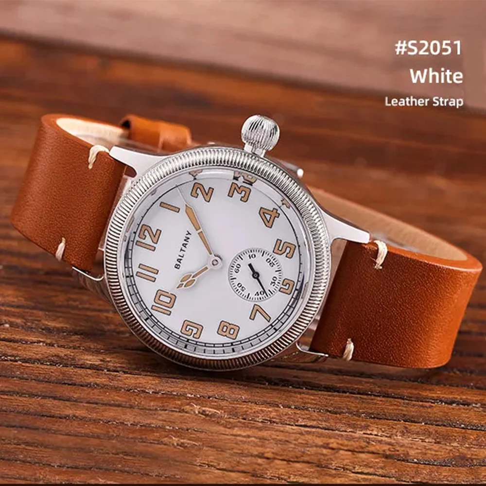 Baltany s2051 ww1 militar trench relógio branco esmalte dial retro st1701 homenagem campo automático pulseira de couro safira relógios masculino