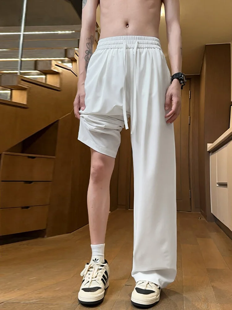 

Белые повседневные брюки из ледяного шелка Qui-Dry, прямые широкие брюки, мужские весенне-летние элитные драпированные свободные брюки, модные