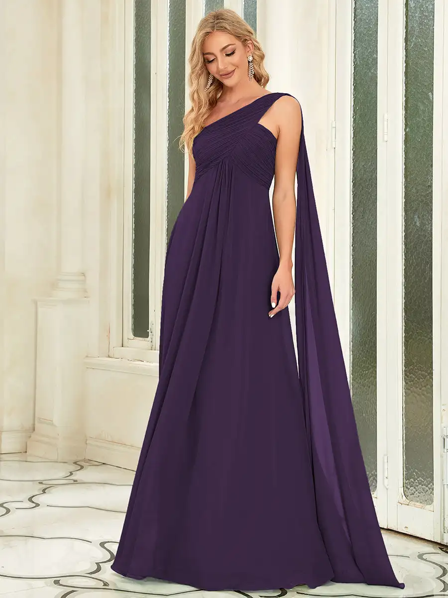 Elegant Evening Dresses Long One-Shoulder Ruched Side Draped 2024 Ever Pretty of Chiffon A-LINE Dark Purple Bridesmaid Dress