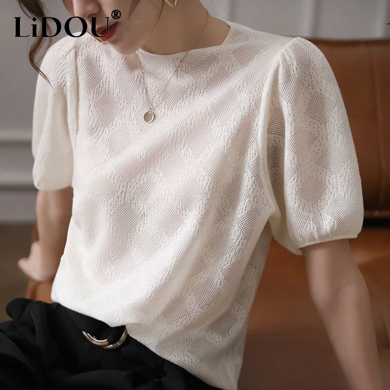 Summer New Aesthetic Elegant Korean Fashion T-shirts Wome Short Sleeve All Match Chic Pullovers Hollow Out Loose Solid Lady Tops