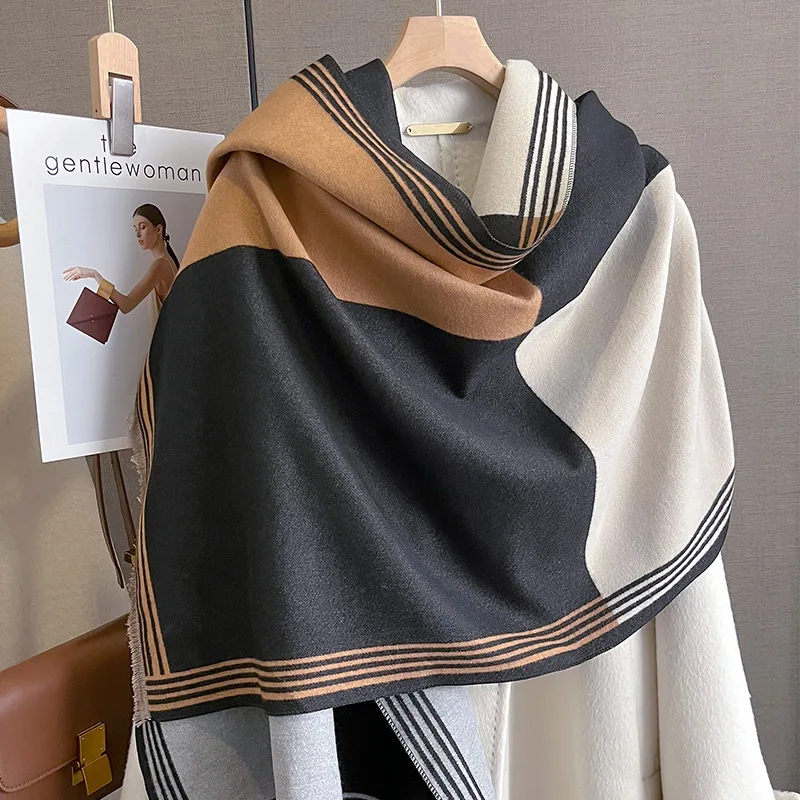 Luxury Cashmere Sacarf For Women Colorblock Print Thick Winter Blanket With Tassel Large Shawl And Wrap Bufanda Warm Poncho