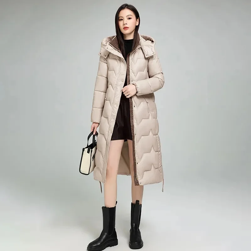 Długi płaszcz zimowy damski koreański 2025 z kapturem, parki, ciepły, gruby, czarny, beżowy, wiatroodporny, płaszcz puchowy z bawełny, odzież wierzchnia