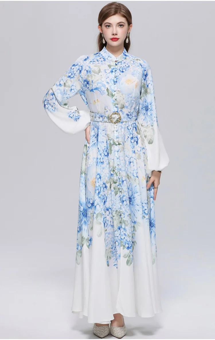 

Women's Casual Long Sleeve Maxi Dress Stand Collar Lantern Sleeve Retro Single Breasted Vintage Print with Belt Party Vestido