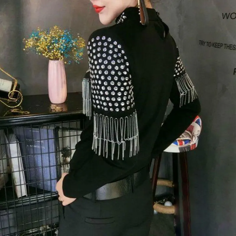 Punk Style Slim Chic Rivet T-shirt Fashion Solid Color Spring Autumn Tassel Women\'s Clothing Stand Collar Cut Out Pullovers 2022