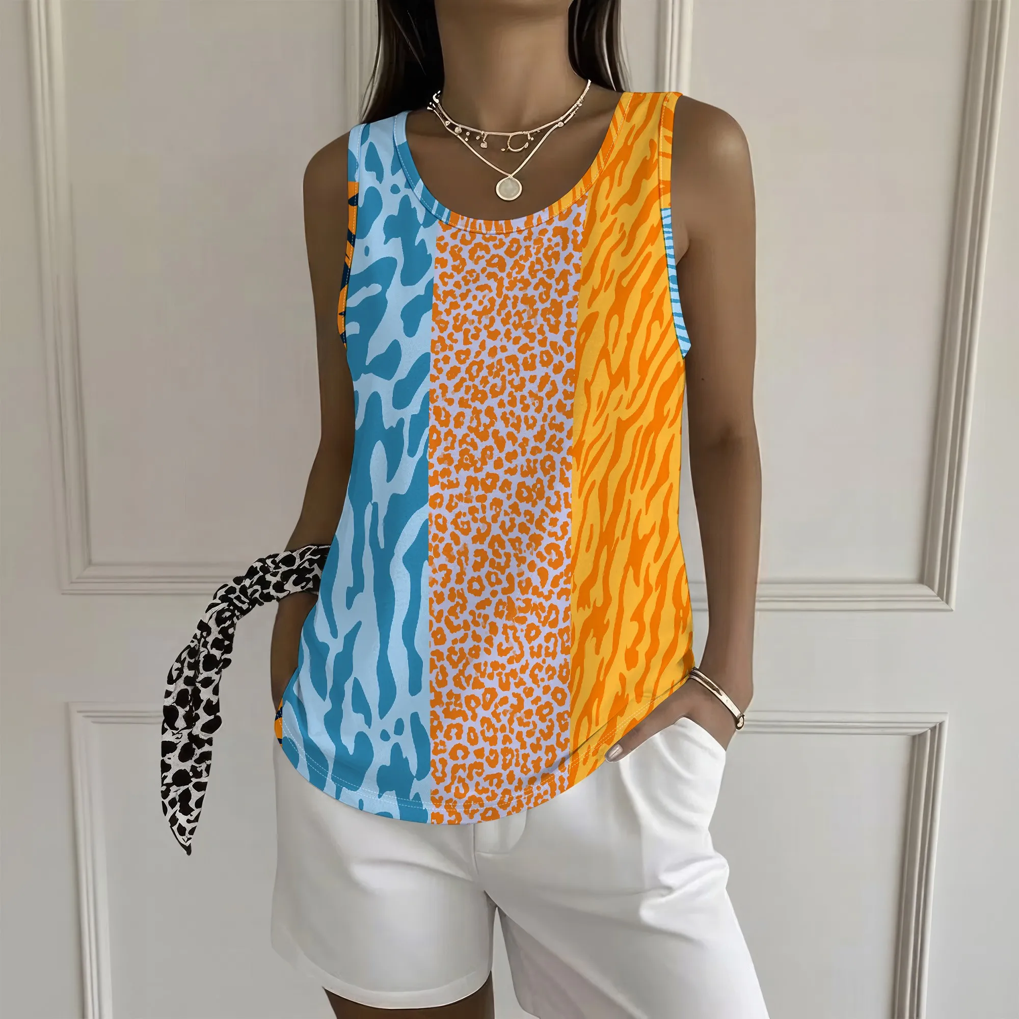 Colorblock Animal Print Tank Top, Blue Orange Leopard Zebra Pattern, Summer Casual Sleeveless Blouse, Beach Vacation Tee, S-2XL
